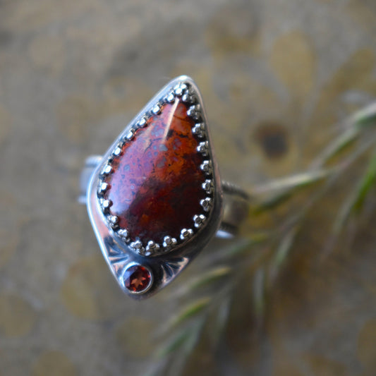 Brenda Plume Agate and Garnet Ring, Size 7