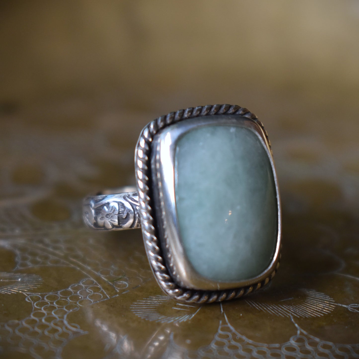 Cushion Cut Jade Ring - size 8.5