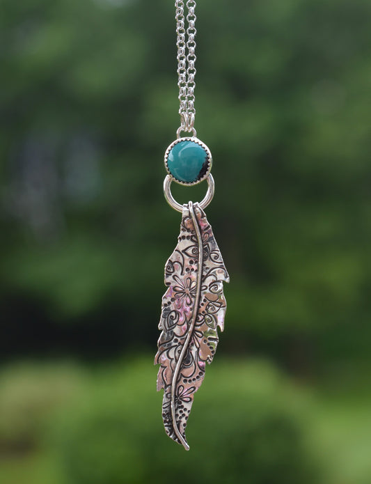 Stamped Feather and Turquoise Necklace