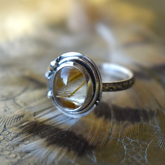 Golden Copper Rutile Quartz Floral Ring - size 7.5