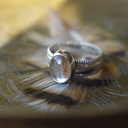 Golden Copper Rutile Quartz Wide Band Ring - size 6.5