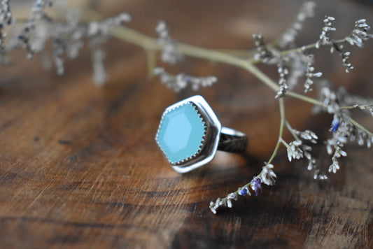 Aqua Chalcedony Stepped Hexagon Ring - size 6.5