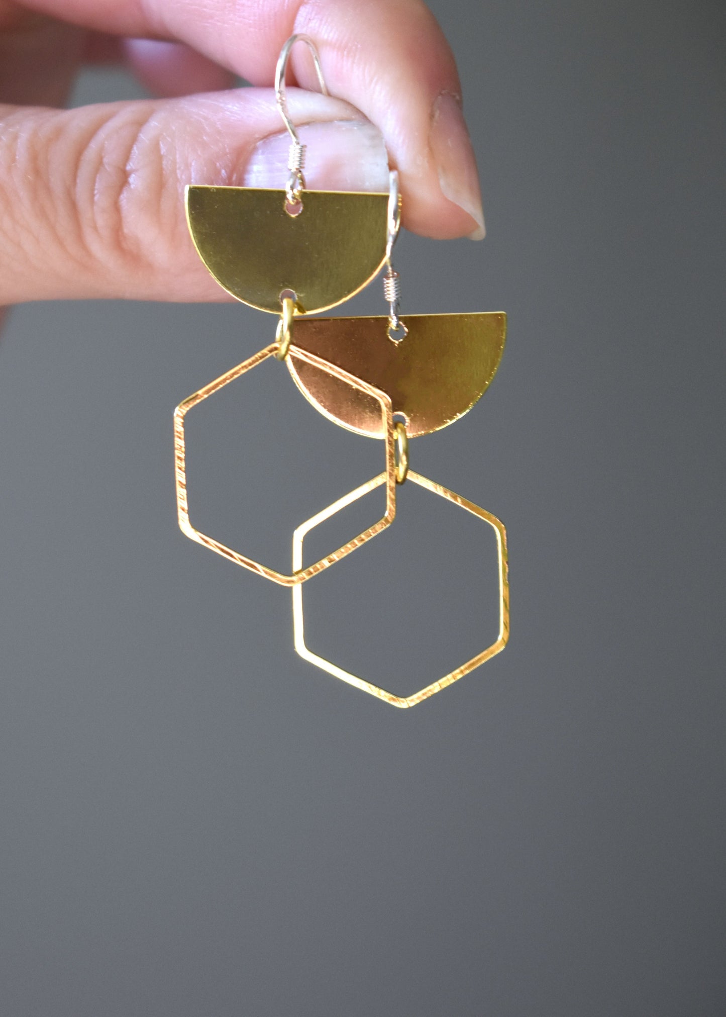 Modern Brass Earrings - Hexagon & Half Moon