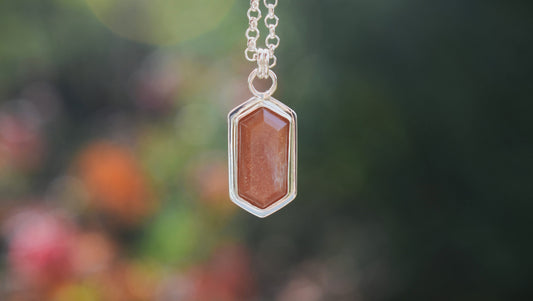 Stepped Hexagon Elongated Peach Moonstone Necklace