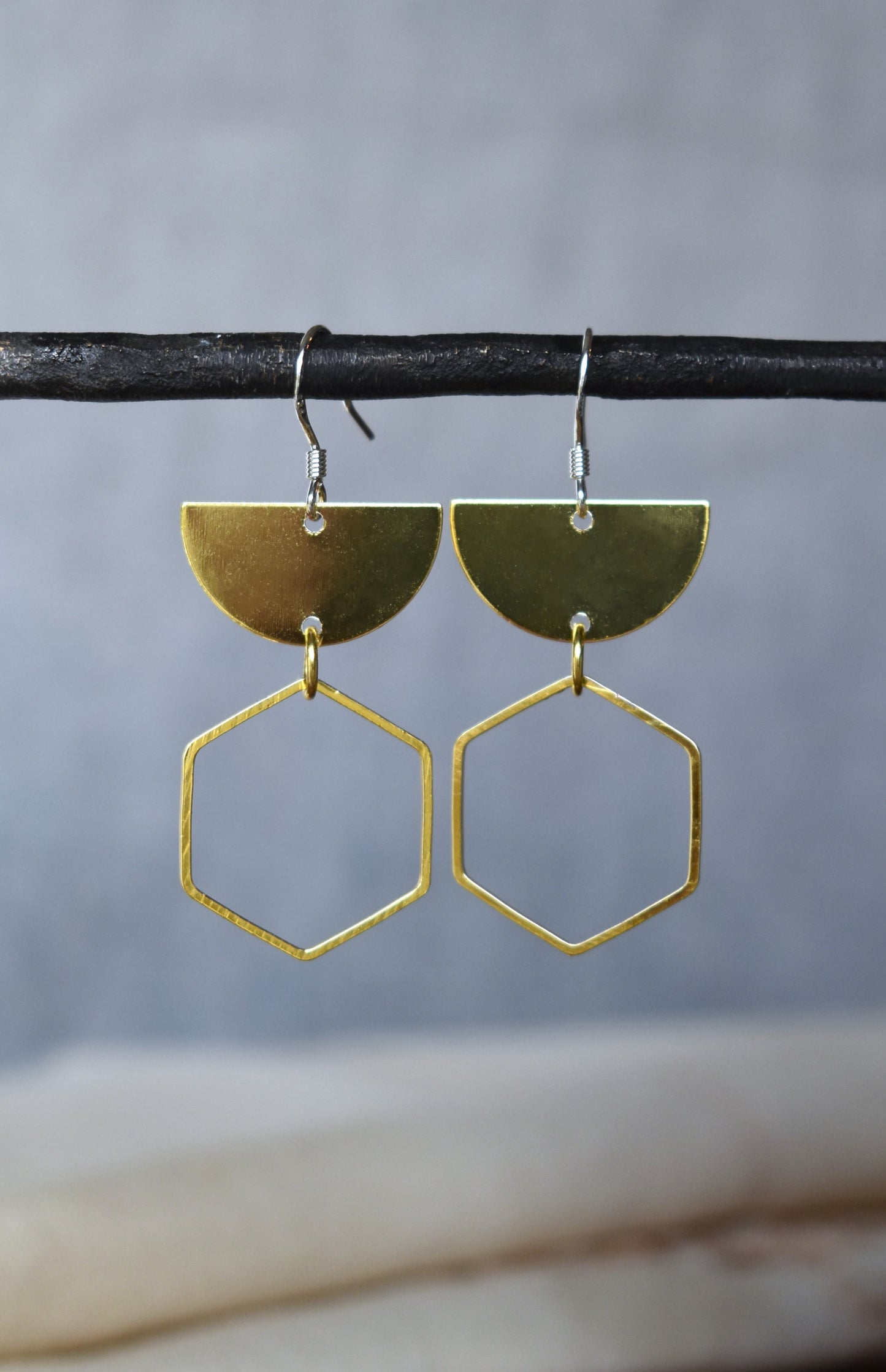 Modern Brass Earrings - Hexagon & Half Moon