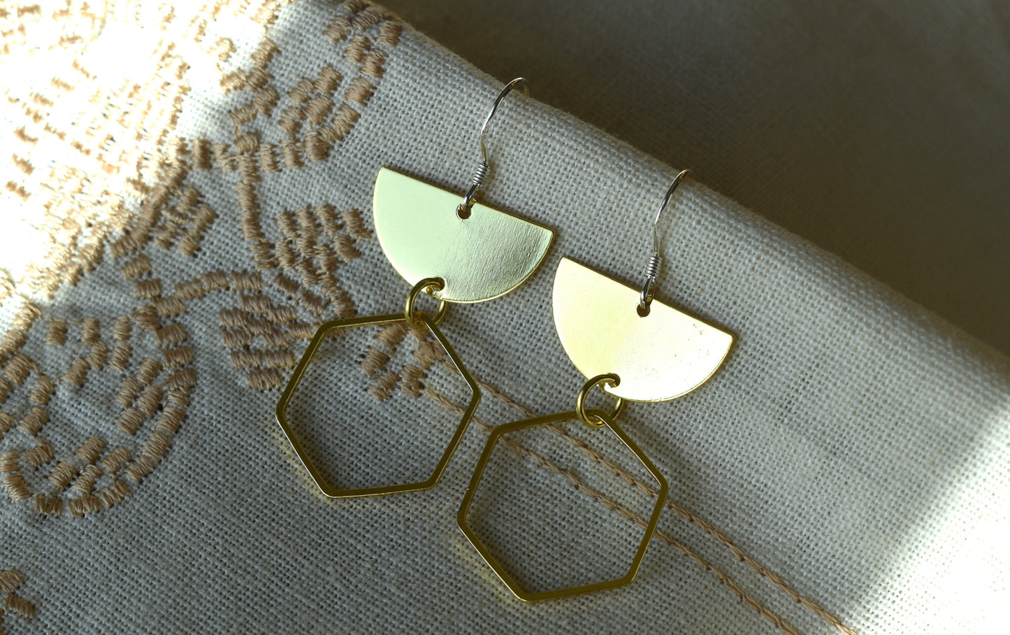 Modern Brass Earrings - Hexagon & Half Moon