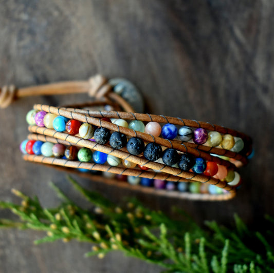 Multicolored Gemstone and Lava Bead Wrap Bracelet/Essential Oil Bracelet