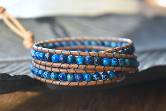 Deep Blue Sea Sediment Jasper and Lava Bead Wrap Bracelet // Essential Oil Bracelet // Leather Bracelet // Beaded Bracelet