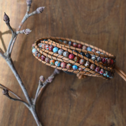 Red & Light Blue Sea Sediment Jasper and Lava Bead Wrap Bracelet // Essential Oil Bracelet // Leather Bracelet // Beaded Bracelet