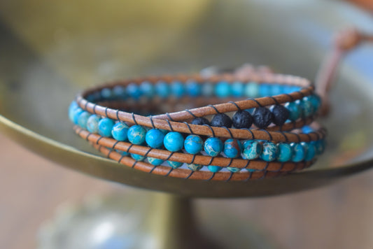 Blue Sea Sediment Imperial Jasper and Lava Bead Wrap Bracelet // Essential Oil Bracelet // Leather Bracelet // Beaded Bracelet